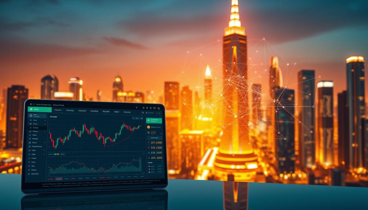 A professional cryptocurrency exchange platform set against a backdrop of a futuristic city skyline. In the foreground, a sleek, minimalist user interface displays real-time market data, trading charts, and various transaction tools. The middle ground features an abstract representation of blockchain technology, with data streams and cryptographic elements intertwining. In the background, a warm, vibrant lighting scheme illuminates the cityscape, conveying a sense of innovation and technological advancement. The overall composition strikes a balance between the practical functionalities of the exchange and the underlying blockchain infrastructure that powers it, creating a visually striking and informative illustration of cryptocurrency exchange fundamentals. A professional cryptocurrency exchange platform set against a backdrop of a futuristic city skyline. In the foreground, a sleek, minimalist user interface displays real-time market data, trading charts, and various transaction tools. The middle ground features an abstract representation of blockchain technology, with data streams and cryptographic elements intertwining. In the background, a warm, vibrant lighting scheme illuminates the cityscape, conveying a sense of innovation and technological advancement. The overall composition strikes a balance between the practical functionalities of the exchange and the underlying blockchain infrastructure that powers it, creating a visually striking and informative illustration of cryptocurrency exchange fundamentals.