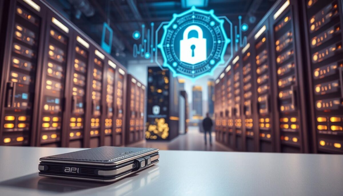 A secure digital fortress, shielding cryptocurrency transactions. Gleaming servers, fortified by layers of encryption, stand vigilant against cyber threats. In the foreground, a sleek hardware wallet, a physical safeguard for private keys, rests on a minimalist desk. Soft, diffused lighting illuminates the scene, creating an atmosphere of trust and reliability. The middle ground features a holographic display, showcasing advanced security protocols in a stylized, futuristic interface. In the background, a cityscape of towering data centers, their facades adorned with complex algorithms, symbolize the robust infrastructure that underpins the crypto ecosystem. A secure digital fortress, shielding cryptocurrency transactions. Gleaming servers, fortified by layers of encryption, stand vigilant against cyber threats. In the foreground, a sleek hardware wallet, a physical safeguard for private keys, rests on a minimalist desk. Soft, diffused lighting illuminates the scene, creating an atmosphere of trust and reliability. The middle ground features a holographic display, showcasing advanced security protocols in a stylized, futuristic interface. In the background, a cityscape of towering data centers, their facades adorned with complex algorithms, symbolize the robust infrastructure that underpins the crypto ecosystem.