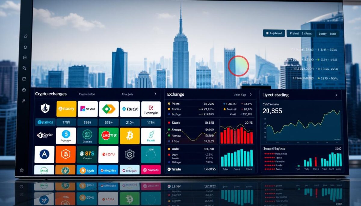 A sleek, modern financial dashboard with a comparison of leading cryptocurrency exchange platforms. In the foreground, a row of colorful tiles showcases the logos and key metrics of popular crypto exchanges. The middle ground features detailed graphs and charts analyzing trading volume, fees, and user ratings. The background depicts a cityscape with towering skyscrapers, conveying the digital, global nature of the crypto market. The lighting is bright and clean, with a hint of metallic sheen to evoke a sense of technological sophistication. The composition is balanced and visually appealing, making it an ideal illustration for the "Best Place to Buy Crypto: Top Platform Comparison" section. A sleek, modern financial dashboard with a comparison of leading cryptocurrency exchange platforms. In the foreground, a row of colorful tiles showcases the logos and key metrics of popular crypto exchanges. The middle ground features detailed graphs and charts analyzing trading volume, fees, and user ratings. The background depicts a cityscape with towering skyscrapers, conveying the digital, global nature of the crypto market. The lighting is bright and clean, with a hint of metallic sheen to evoke a sense of technological sophistication. The composition is balanced and visually appealing, making it an ideal illustration for the "Best Place to Buy Crypto: Top Platform Comparison" section.